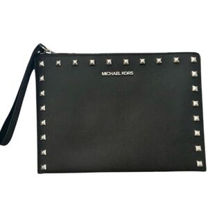 Michael Kors XL Zip Clutch Smooth Leather Signature Logo Checker Wristlet Black